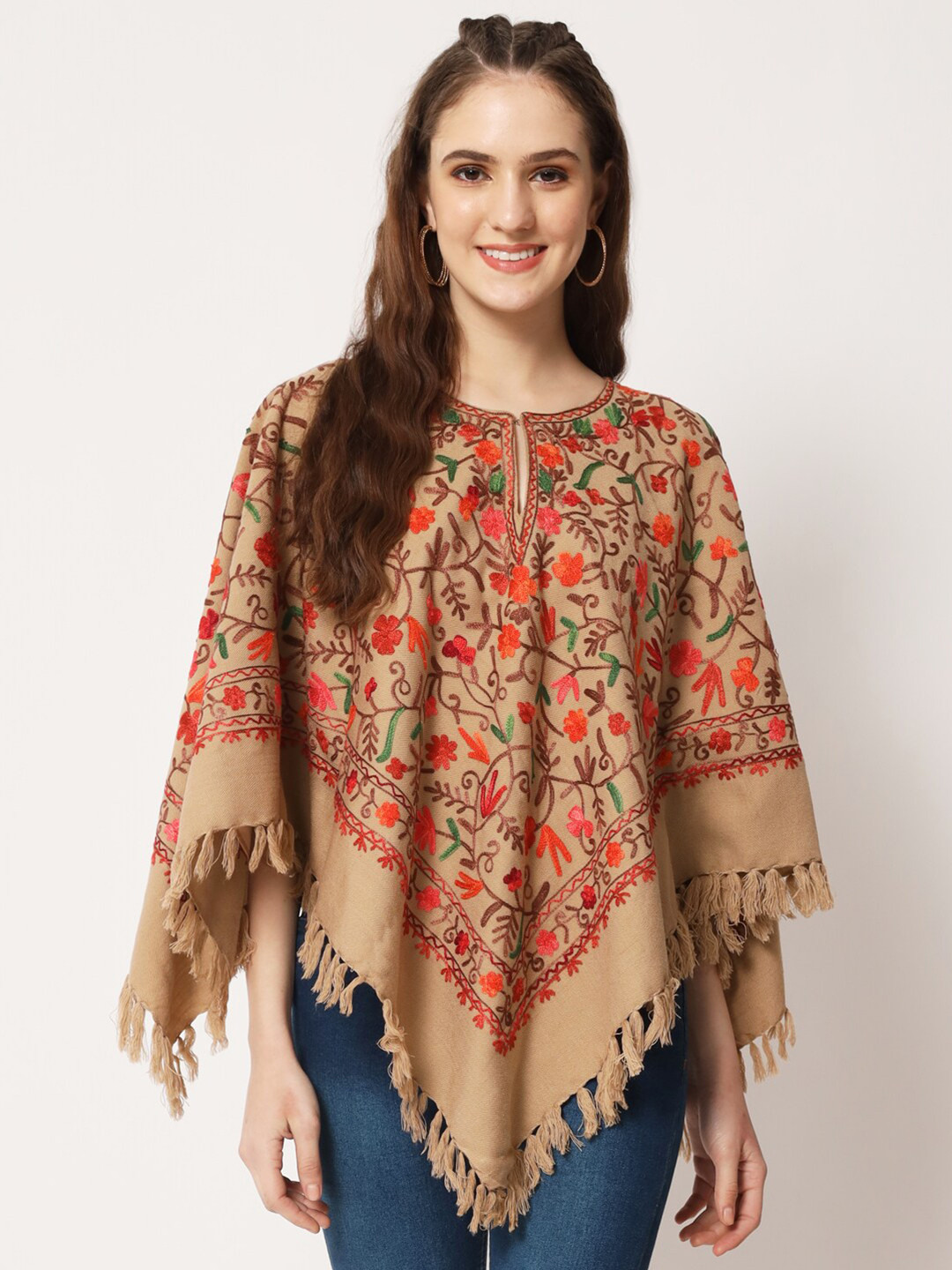 Zamour Women Floral Wool Poncho with Embroidered Detail