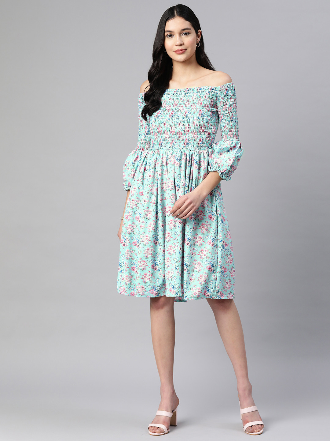 SERONA FABRICS Smocked Floral Print Off-Shoulder Puff Sleeves Crepe Dress