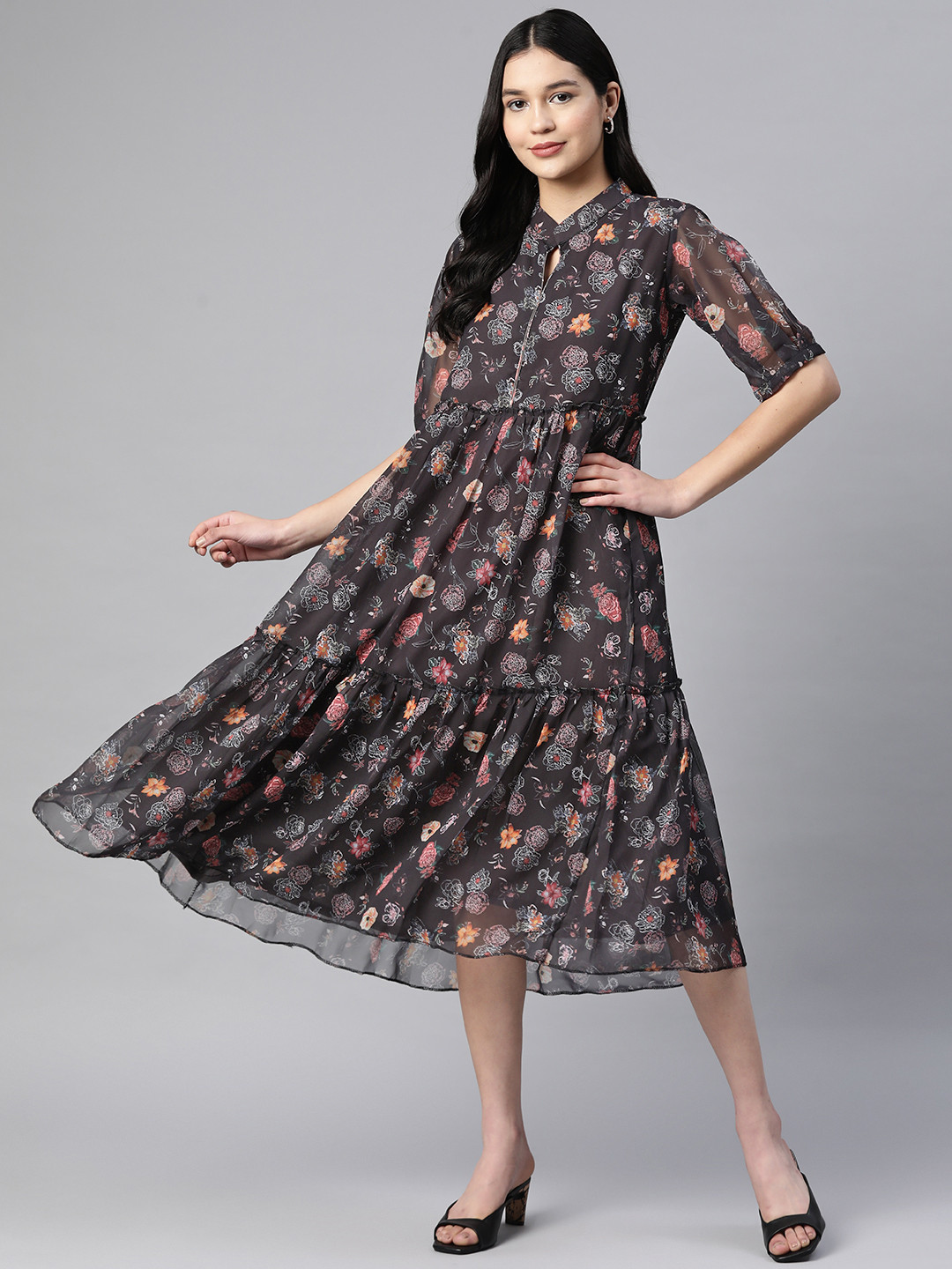 SERONA FABRICS Floral Print Puff Sleeves Tiered Georgette A-Line Midi Dress