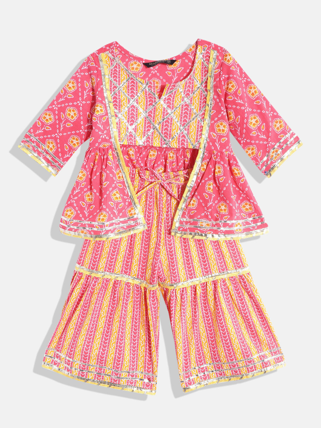 Readiprint Girls Bandhani Printed Empire Gotta Patti Pure Cotton Top with Sharara