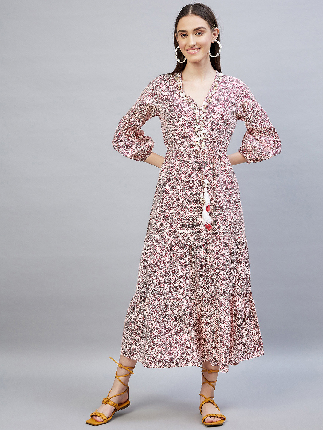 DELAN Ethnic Motifs Midi Cotton Dress