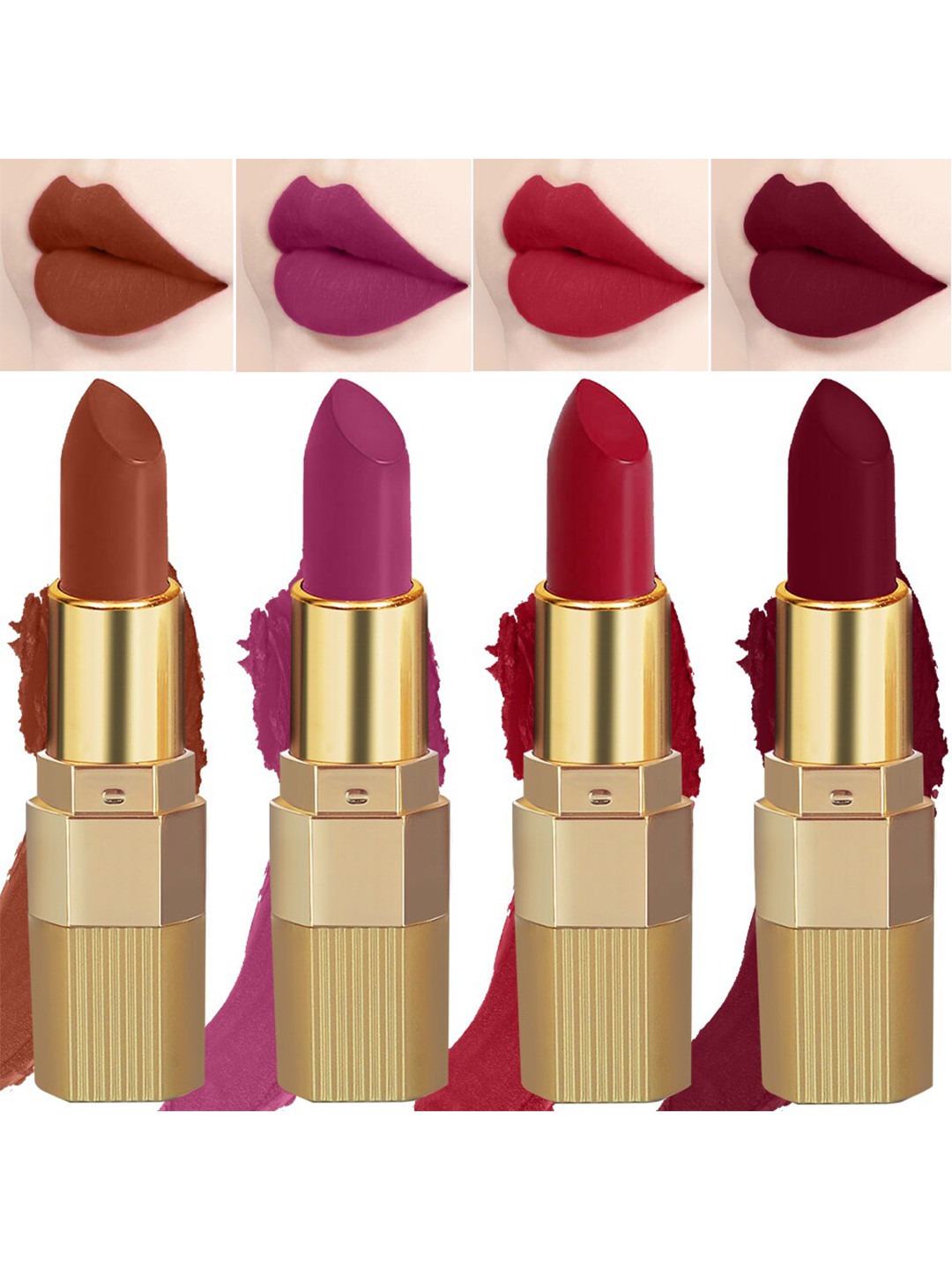 PERPAA Set of 4 Xpression Weightless Matte Long-Lasting Waterproof Lipsticks 3.5 g Each - Rust Brown 307 - Magenta 301 - Apple Red 302 - Maroon 303