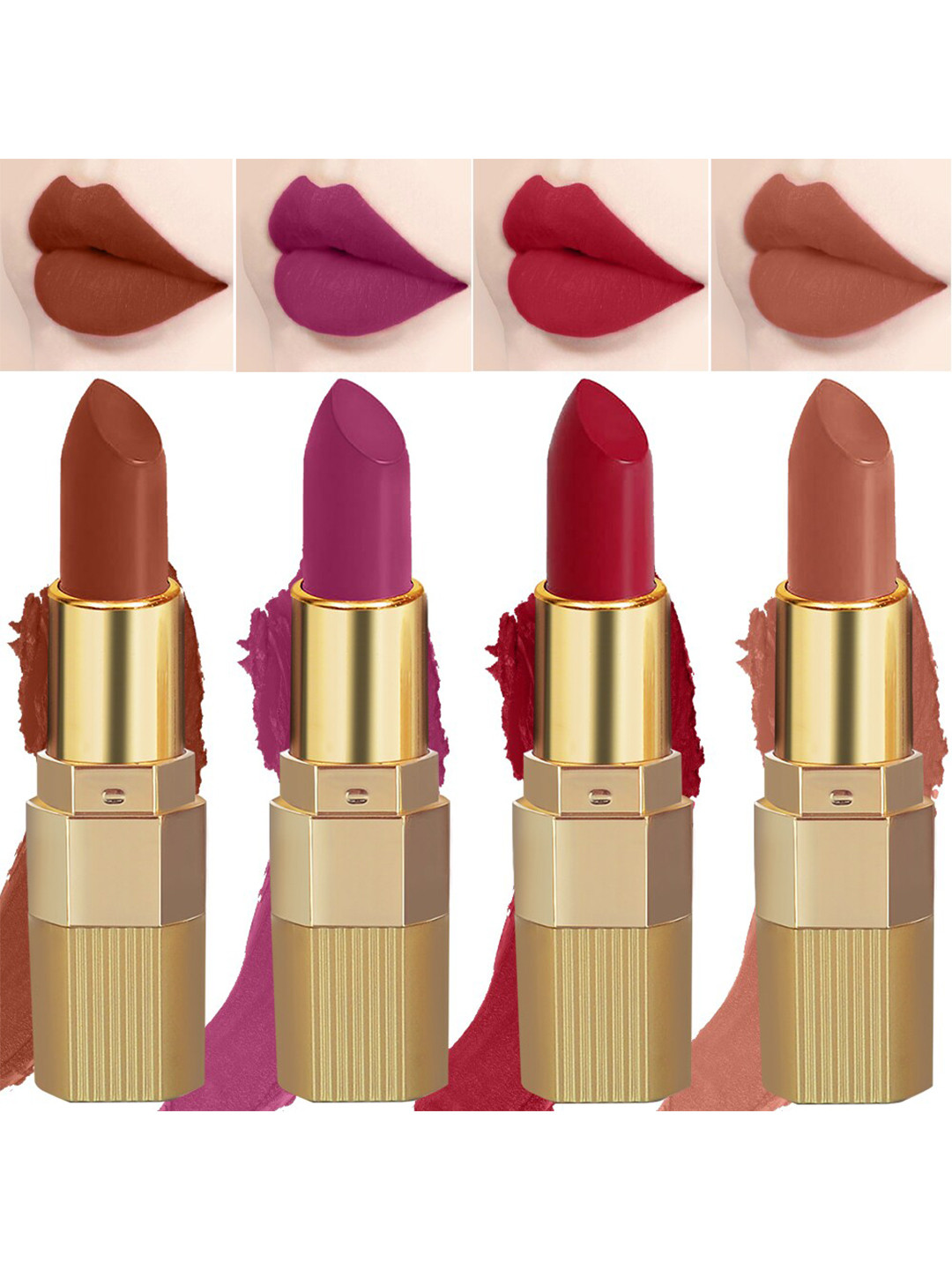PERPAA Set of 4 Xpression Weightless Matte Long-Lasting Waterproof Lipsticks 3.5 g Each - Innocent Nude 306 - Rust Brown 301 - Magenta 302 - Apple Red 303