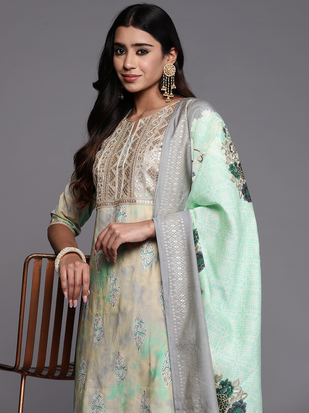 Libas Women Floral Yoke Design Sequinned Kurta With Trousers & Dupatta