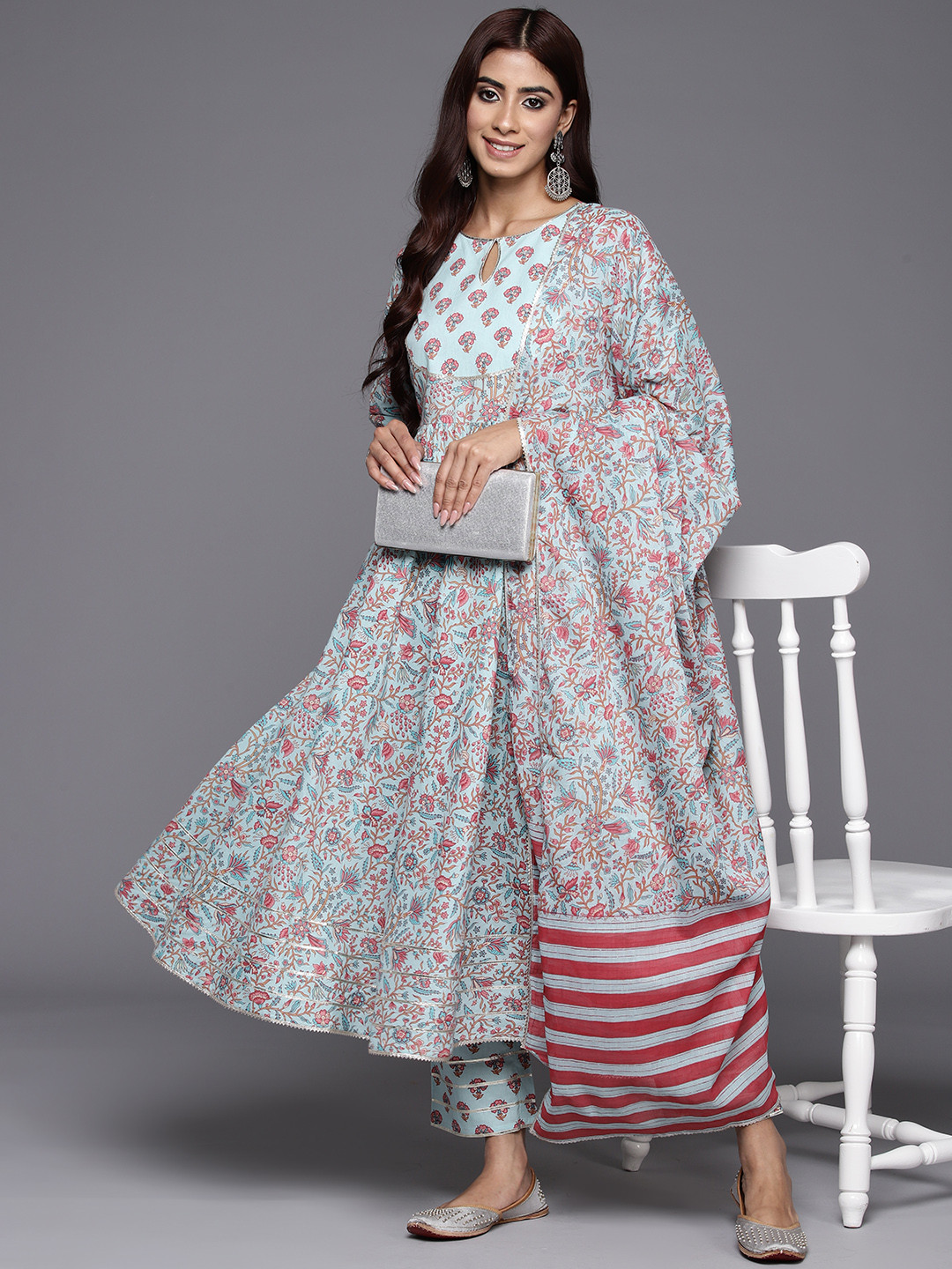 Libas Womens Blue Yoke Design Cotton Anarkali Kurta With Trousers & Dupatta