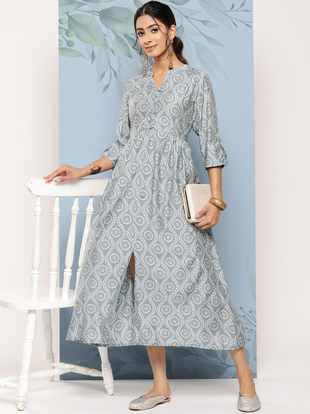 Libas Ethnic Motifs Roll-Up Sleeves A-Line Midi Ethnic Dress