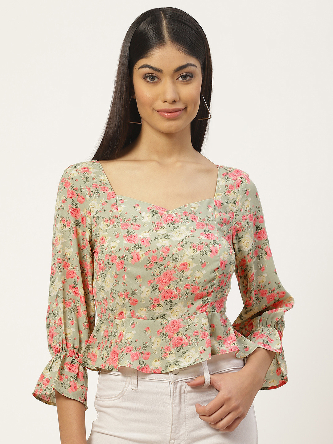 Slenor Floral Print Sweetheart Neck Smocked Georgette Peplum Top