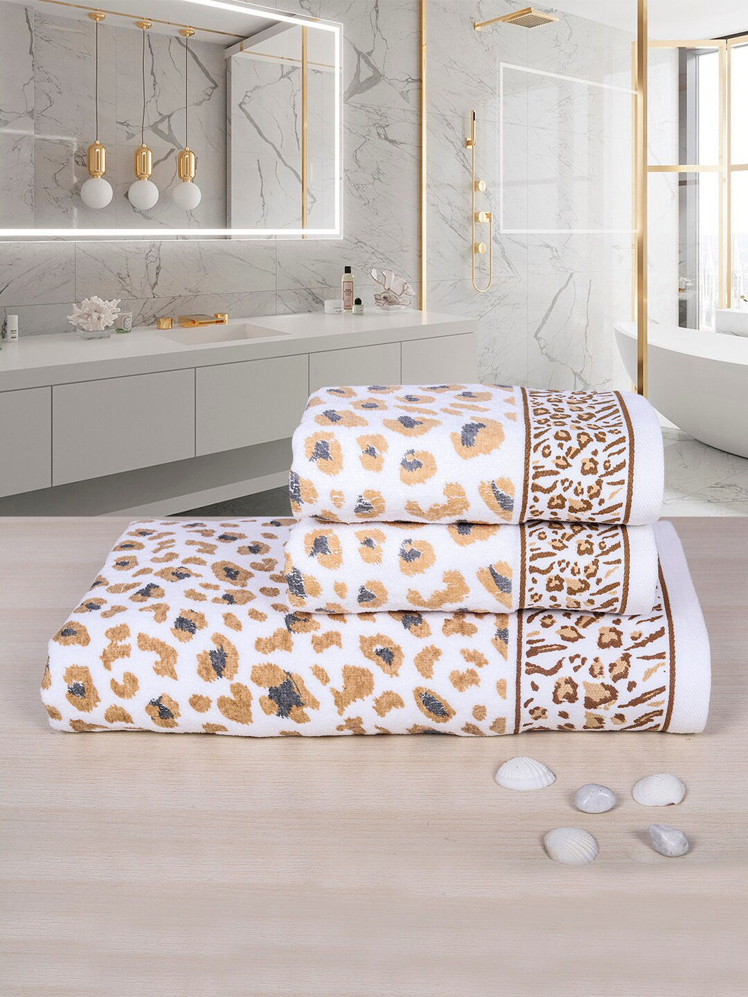 RANGOLI White & Brown Set Of 3 Leopard Print 500 GSM Pure Cotton Towel Set