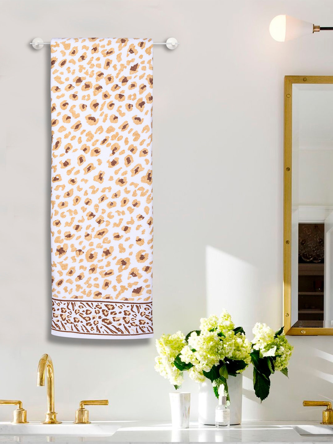 RANGOLI White & Beige Leopard Printed Extra Soft 500 GSM Pure Cotton Bath Towel