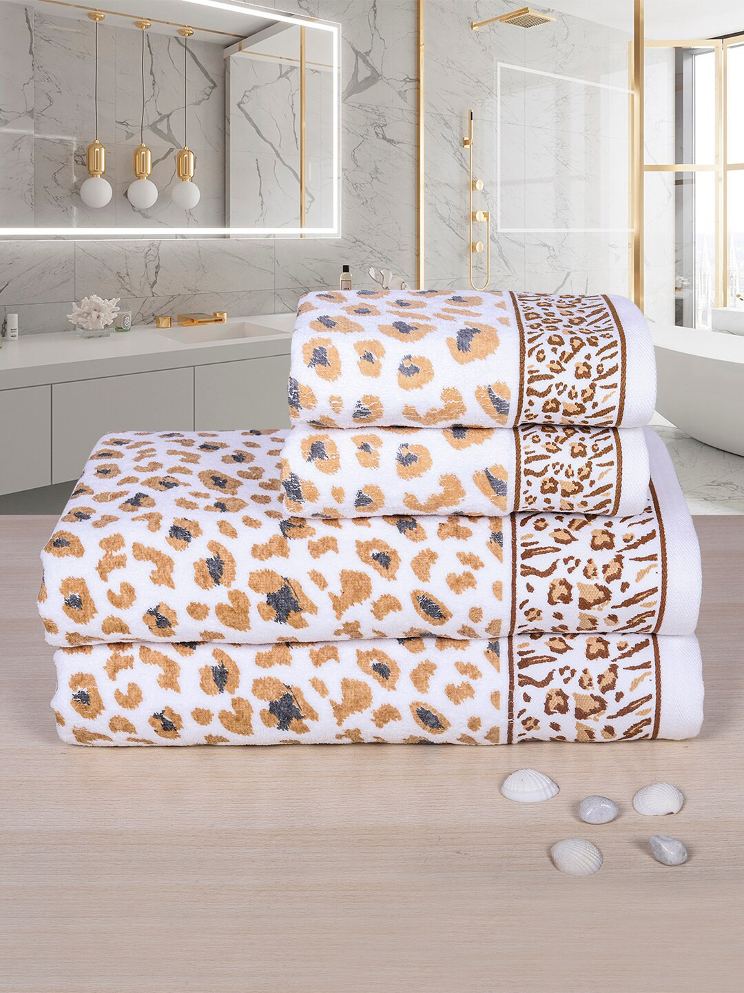 RANGOLI Brown Set Of 4 Pure Cotton 500 GSM Snow Leopard Towel Set
