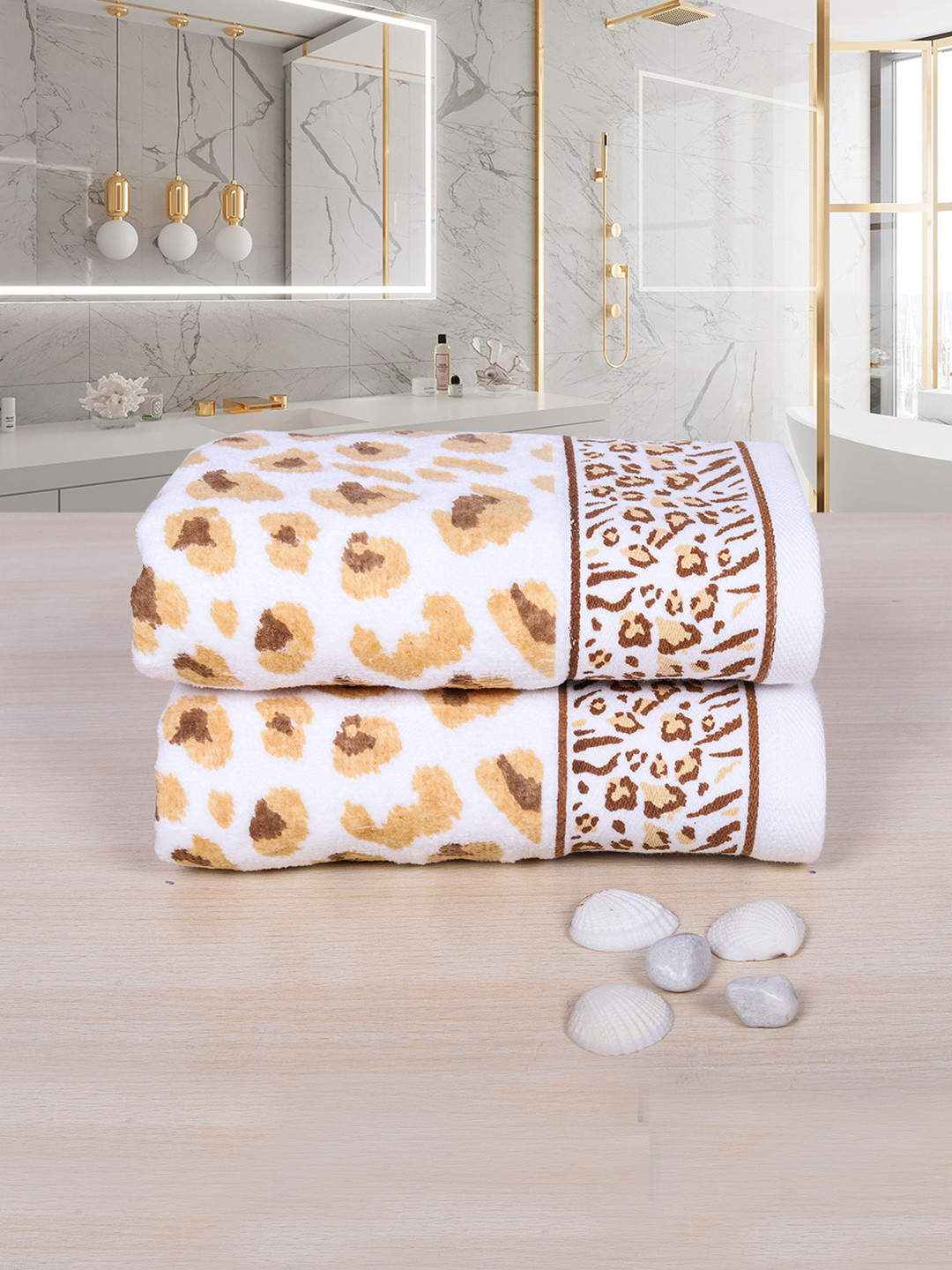 RANGOLI White & Beige Set Of 2 Leopard Print Pure Cotton 500 GSM Hand Towel