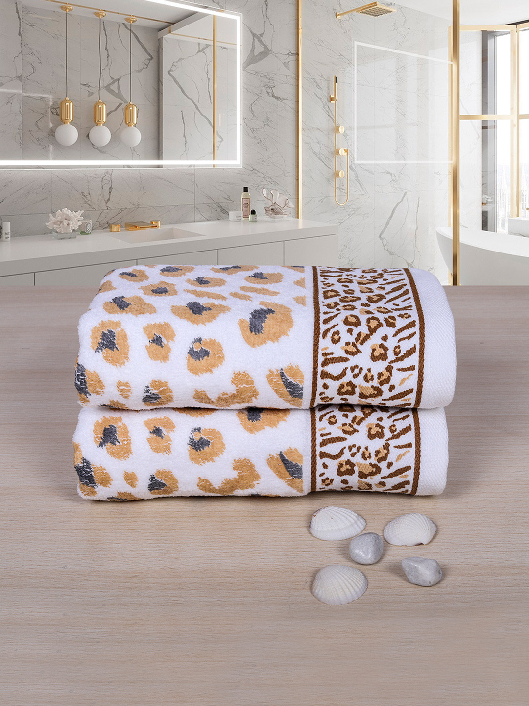 RANGOLI White & Brown Set Of 2 Snow Leopard Print GSM 500 Pure Cotton Towel Set
