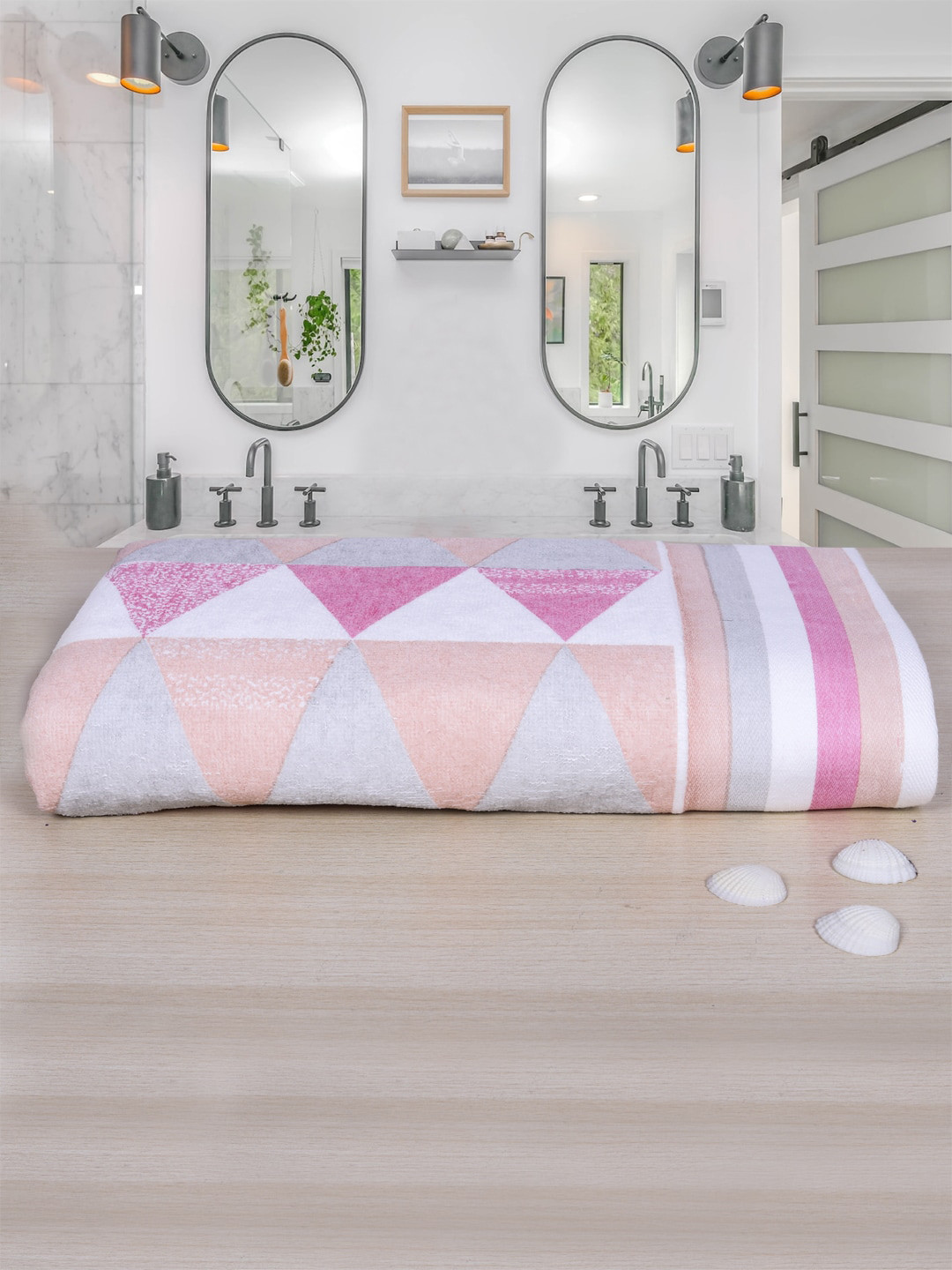 RANGOLI Frolina Peach-Colored & Pink Printed 500 GSM Pure Cotton Bath Towel