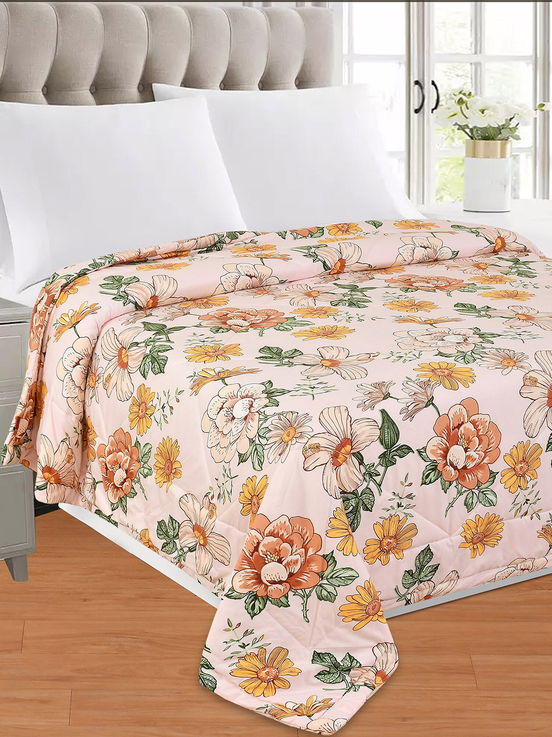 SEJ by Nisha Gupta Pink & Yellow Microfiber AC Room 150 GSM Reversible Single Bed Comforter