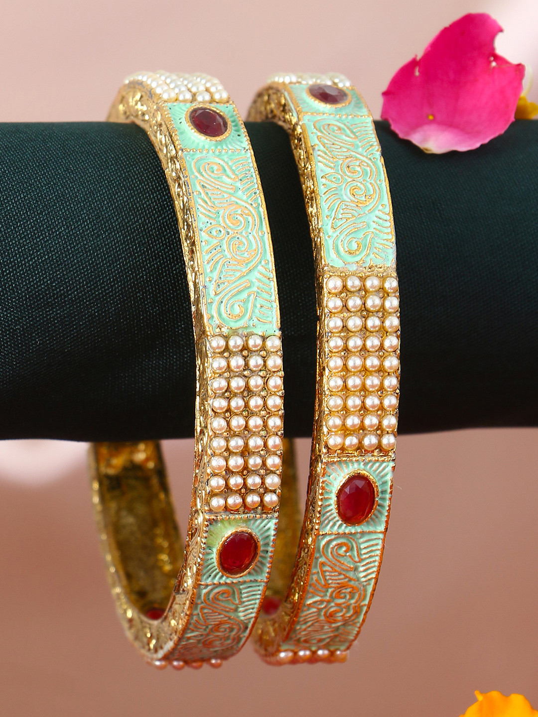 Adwitiya Set Of 2 24 CT Gold-Plated Stone-Studded Pearl Beaded Bangles
