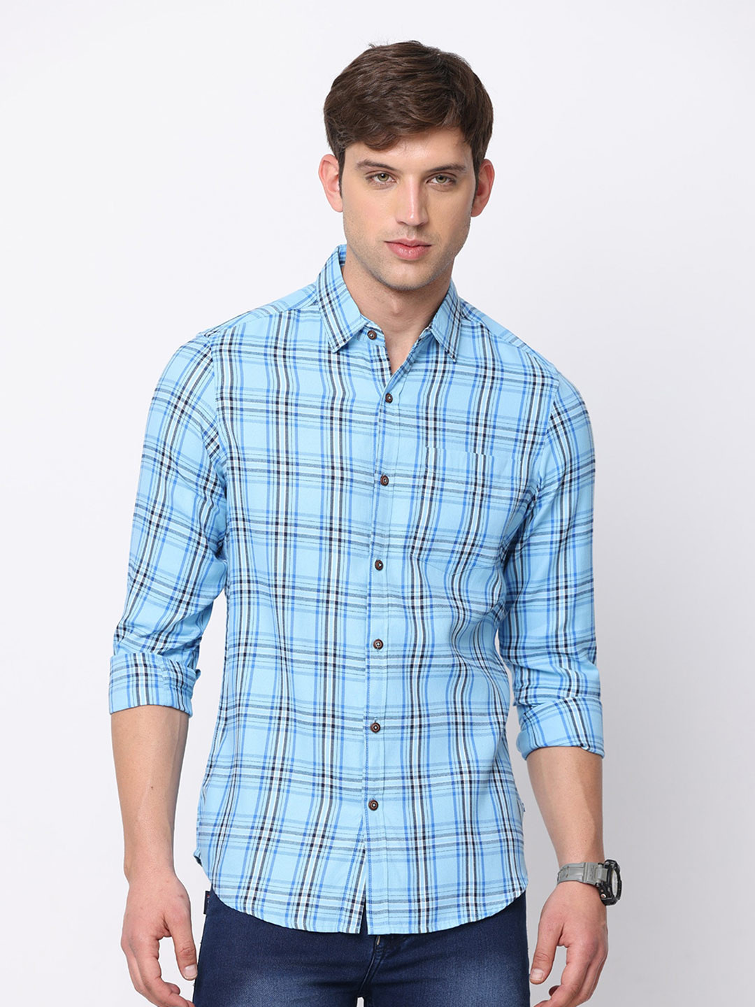 NIRVAAN Men Slim Fit Tartan Checked Pure Cotton Casual Shirt