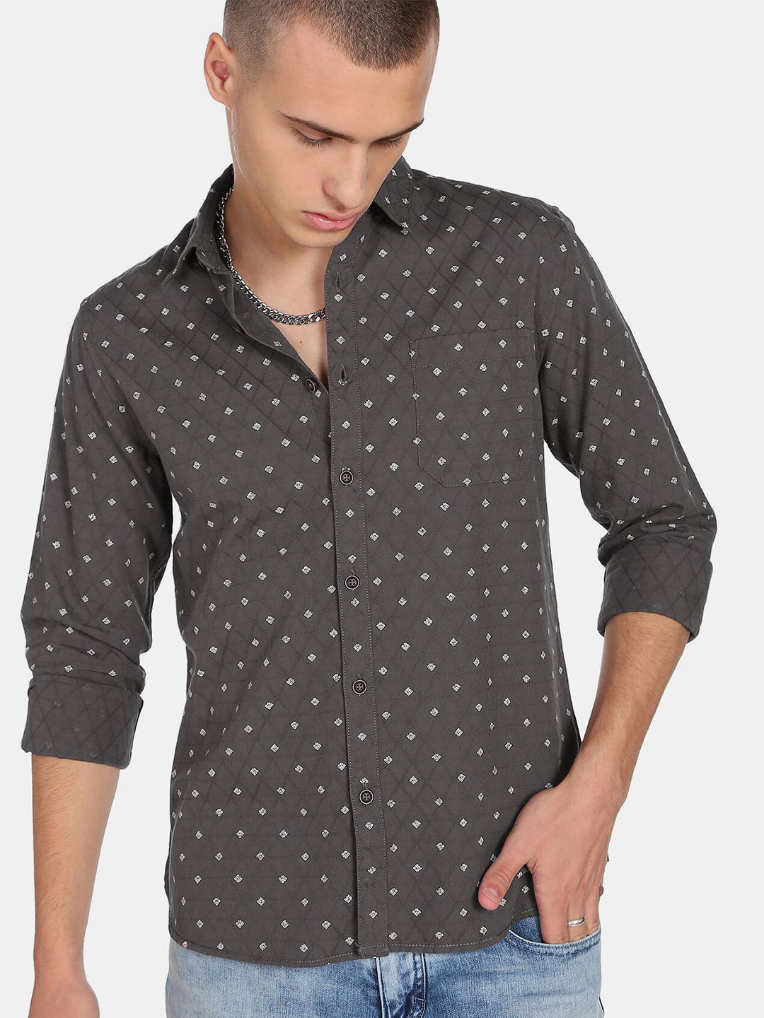 Flying Machine Geometric Print Dobby Casual Shirt