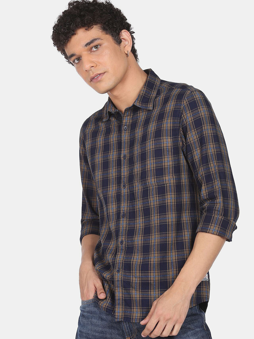 Flying Machine Indigo Tartan Check Pure Cotton Casual Shirt