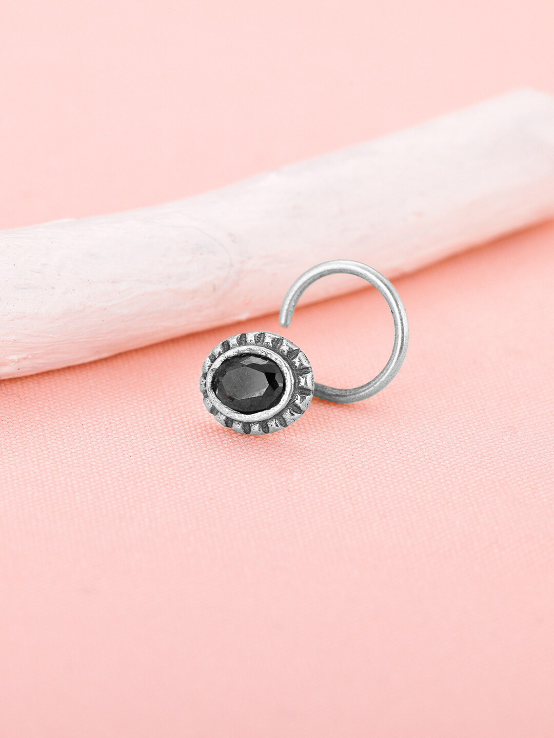 GIVA 92.5 Sterling Silver Oxidised Oval Stone-Studded Nosepin