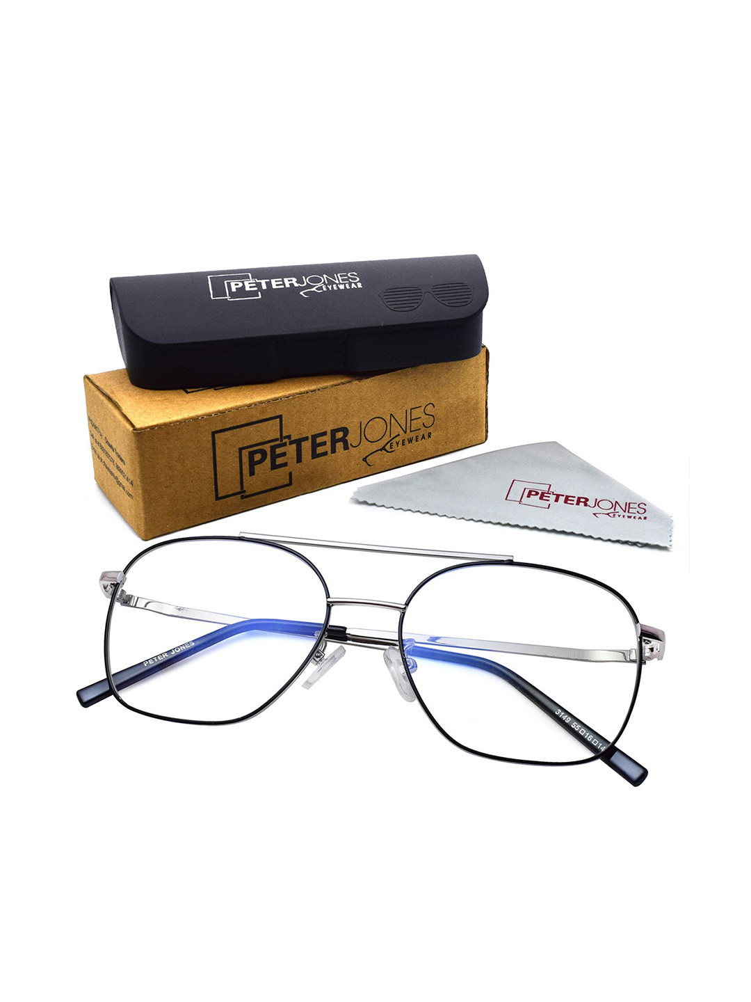 Peter Jones Eyewear Unisex Black & Blue Full Rim Square Frames With Anti Glare Lenses