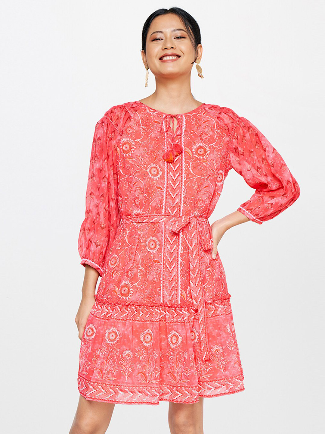 Global Desi Women Ethnic Motifs Printed A-Line Dobby Weave Dress