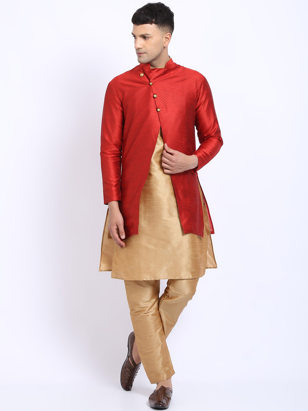 TREEMODA Men Red Raw Silk Kurta with Pyjamas