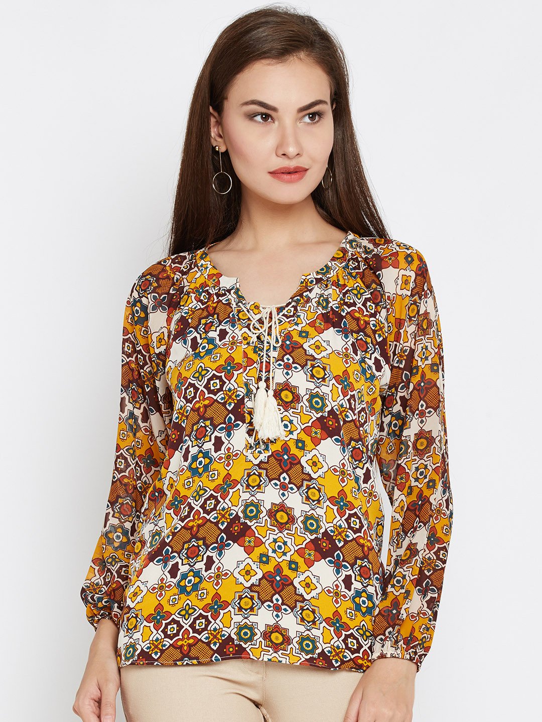 Wills Lifestyle Women Mustard Yellow & Brown Printed Top