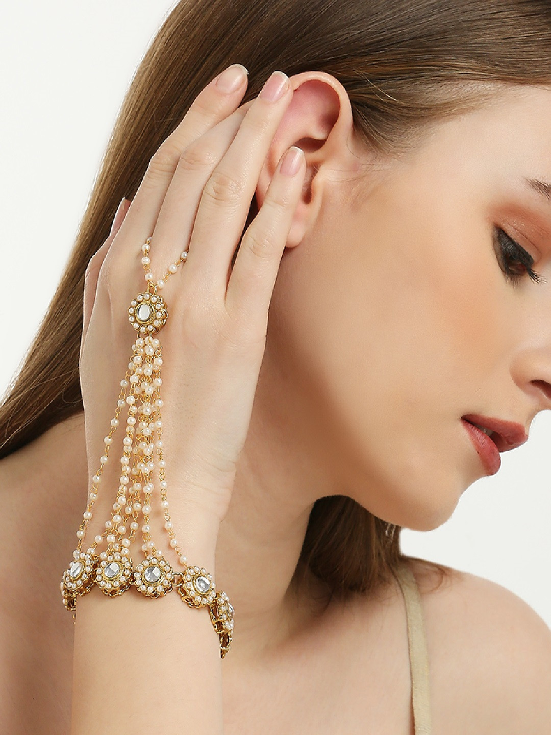 OOMPH Women Gold-Plated Kundan Link Bracelet With Ring