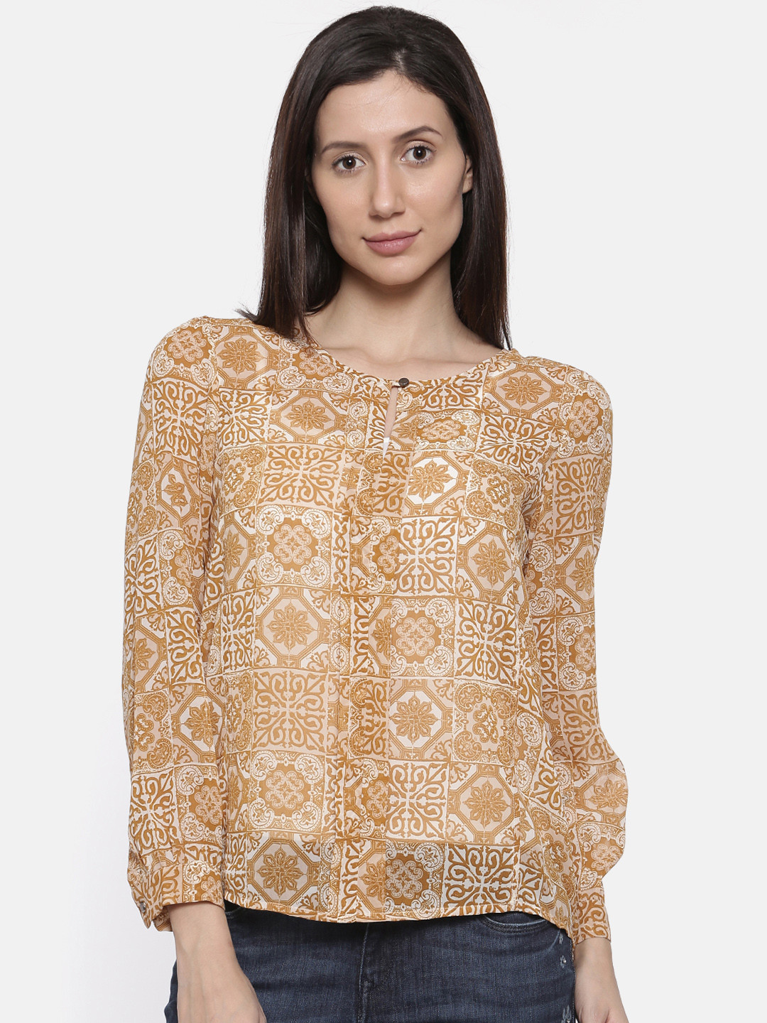 Wills Lifestyle Women Mustard Yellow & Off-White Printed Semi-Sheer Top