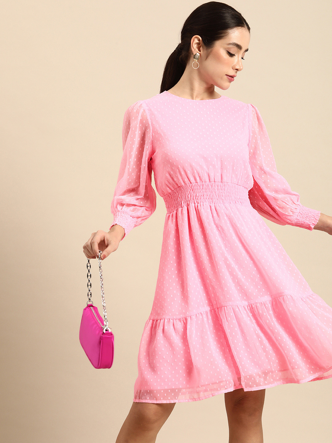 all about you Self-Design Smocked Flounce Hem Fit and Flare Dress