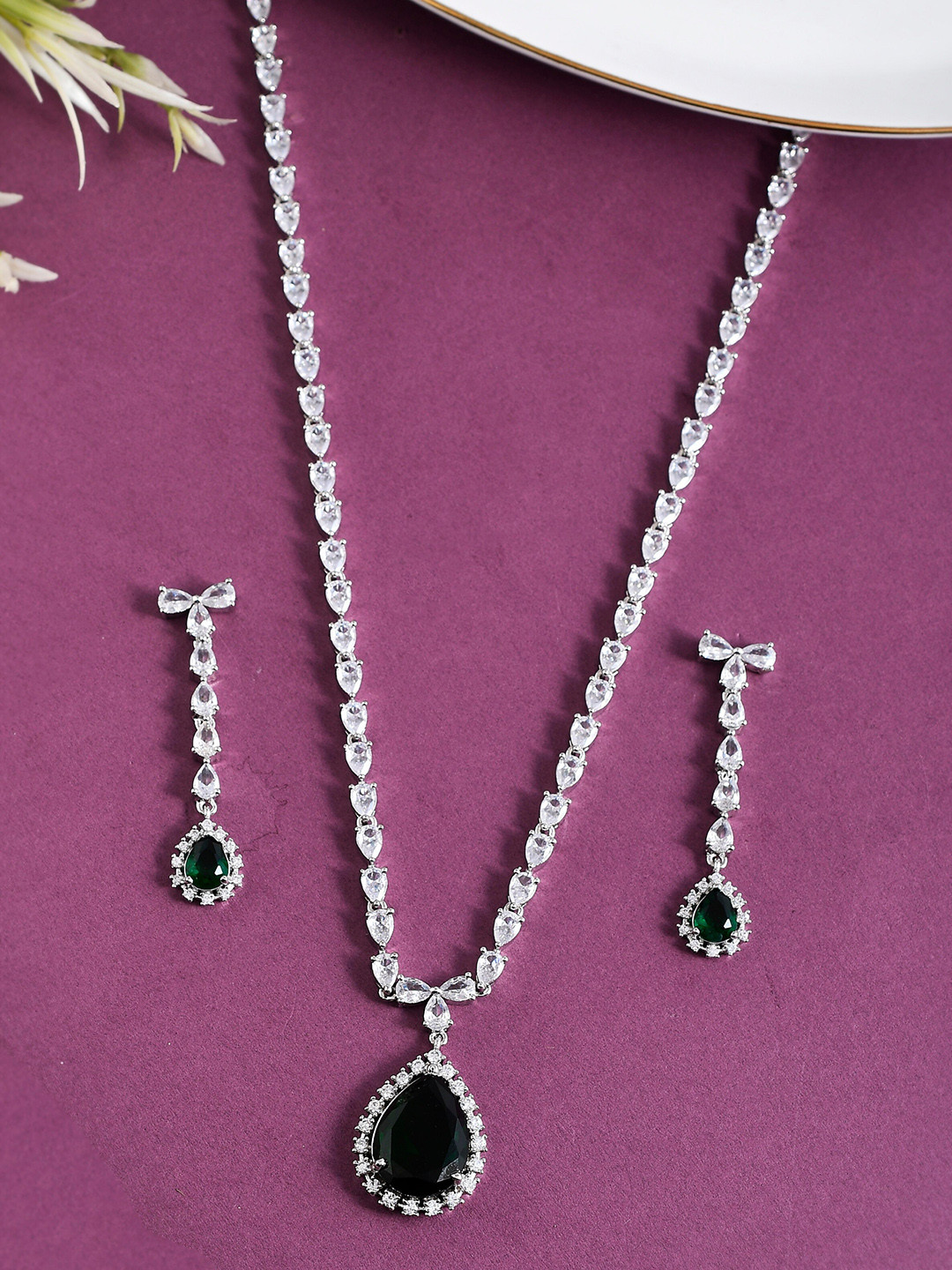 Silvermerc Designs Silver Plated American Diamond Long Ethnic Jewellery Set