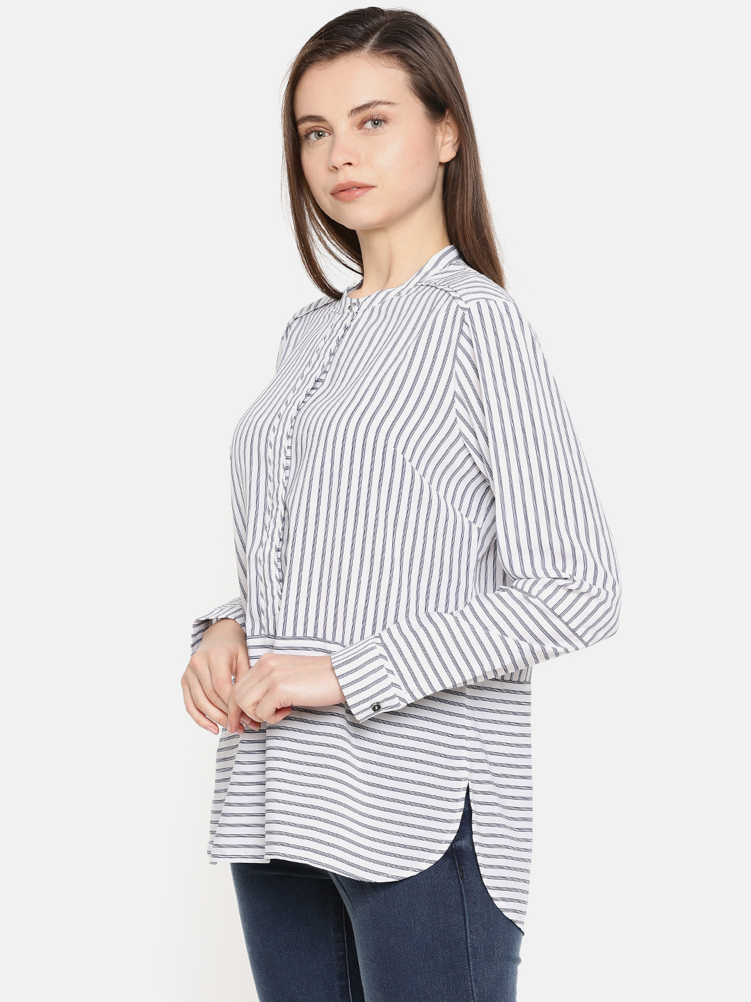 Wills Lifestyle Women White & Blue Striped Shirt Style Top