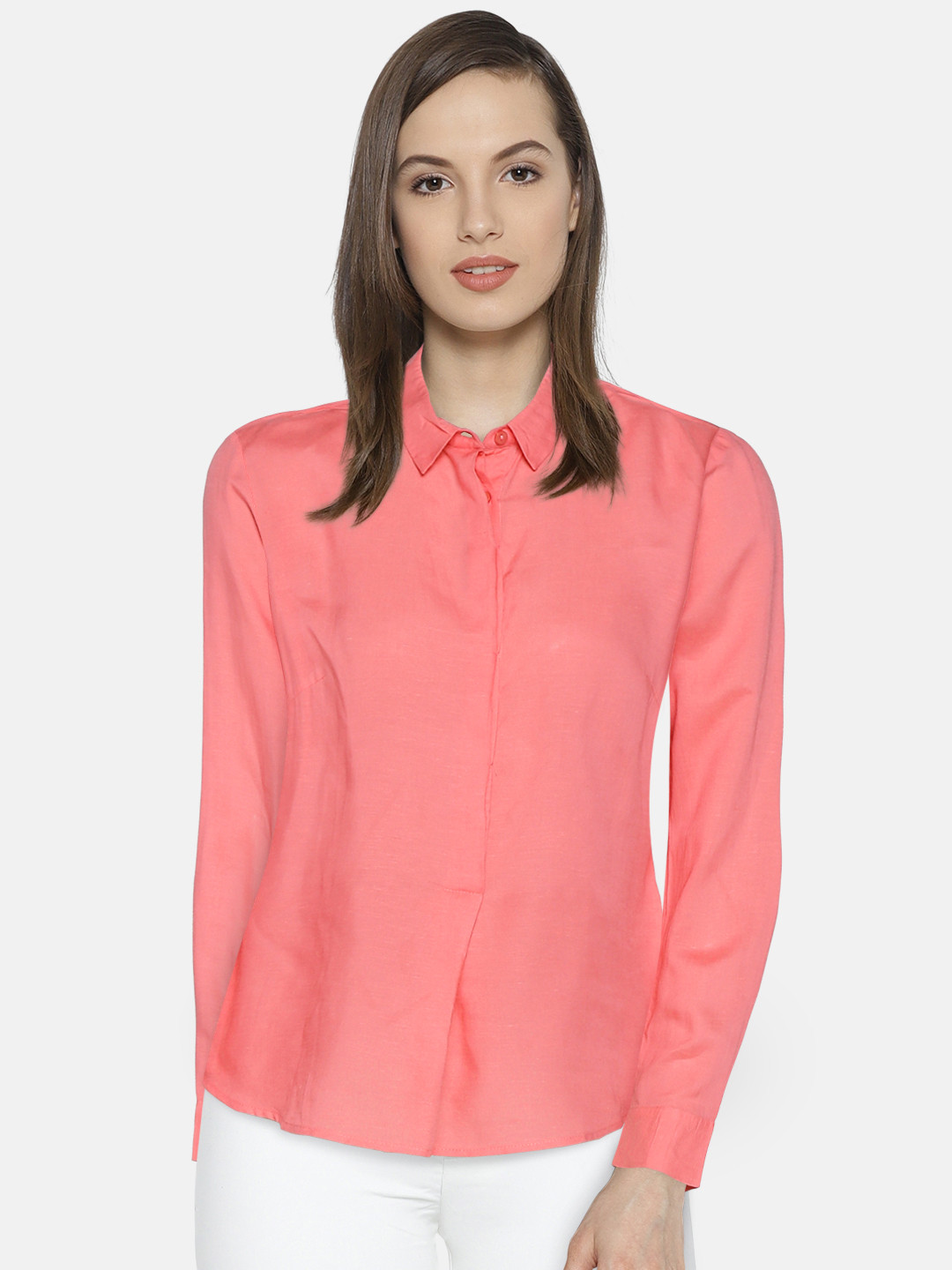 Wills Lifestyle Women Coral Pink Solid Shirt Style Top