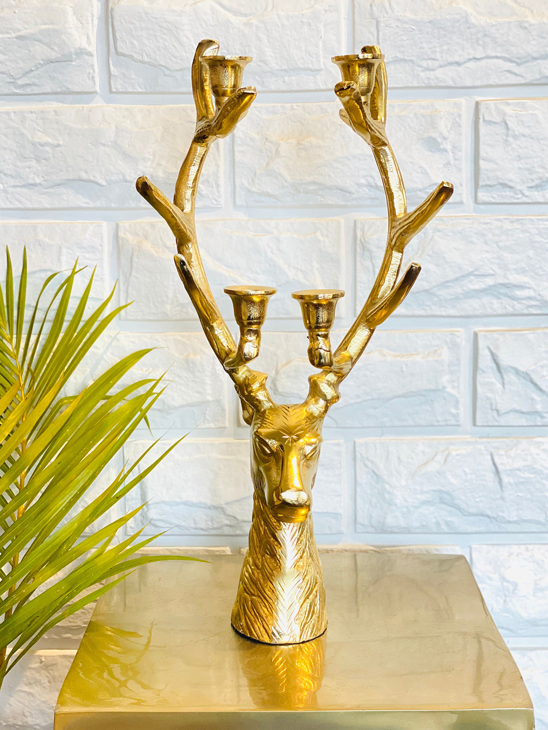 Folkstorys Gold Toned Rudolph Candle Holder