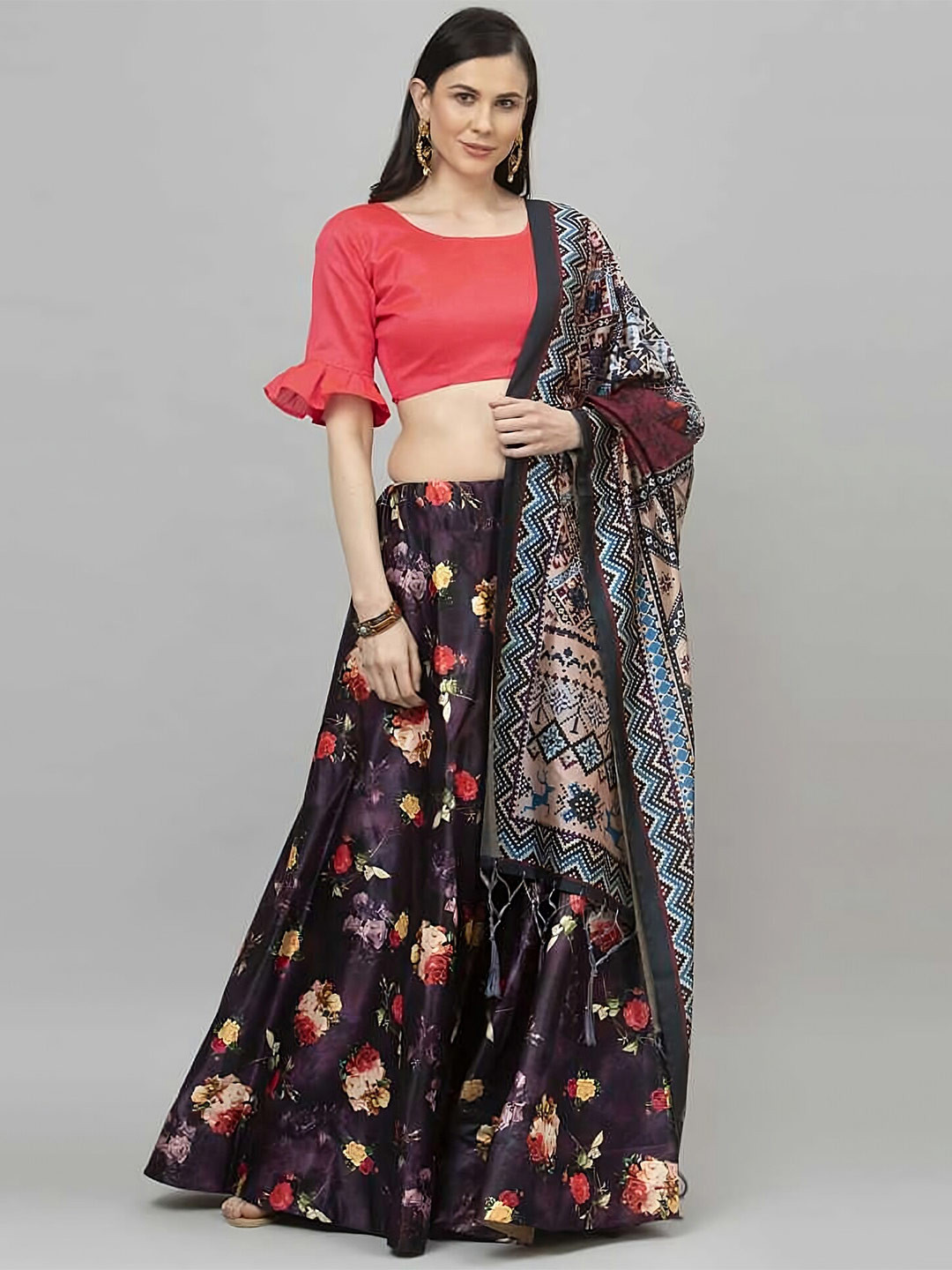 Kaizen TEXO FAB Purple & Coral Printed Semi-Stitched Lehenga Choli