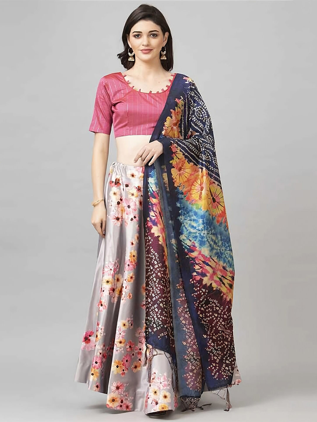Kaizen TEXO FAB Silver-Toned & Pink Semi-Stitched Lehenga Choli
