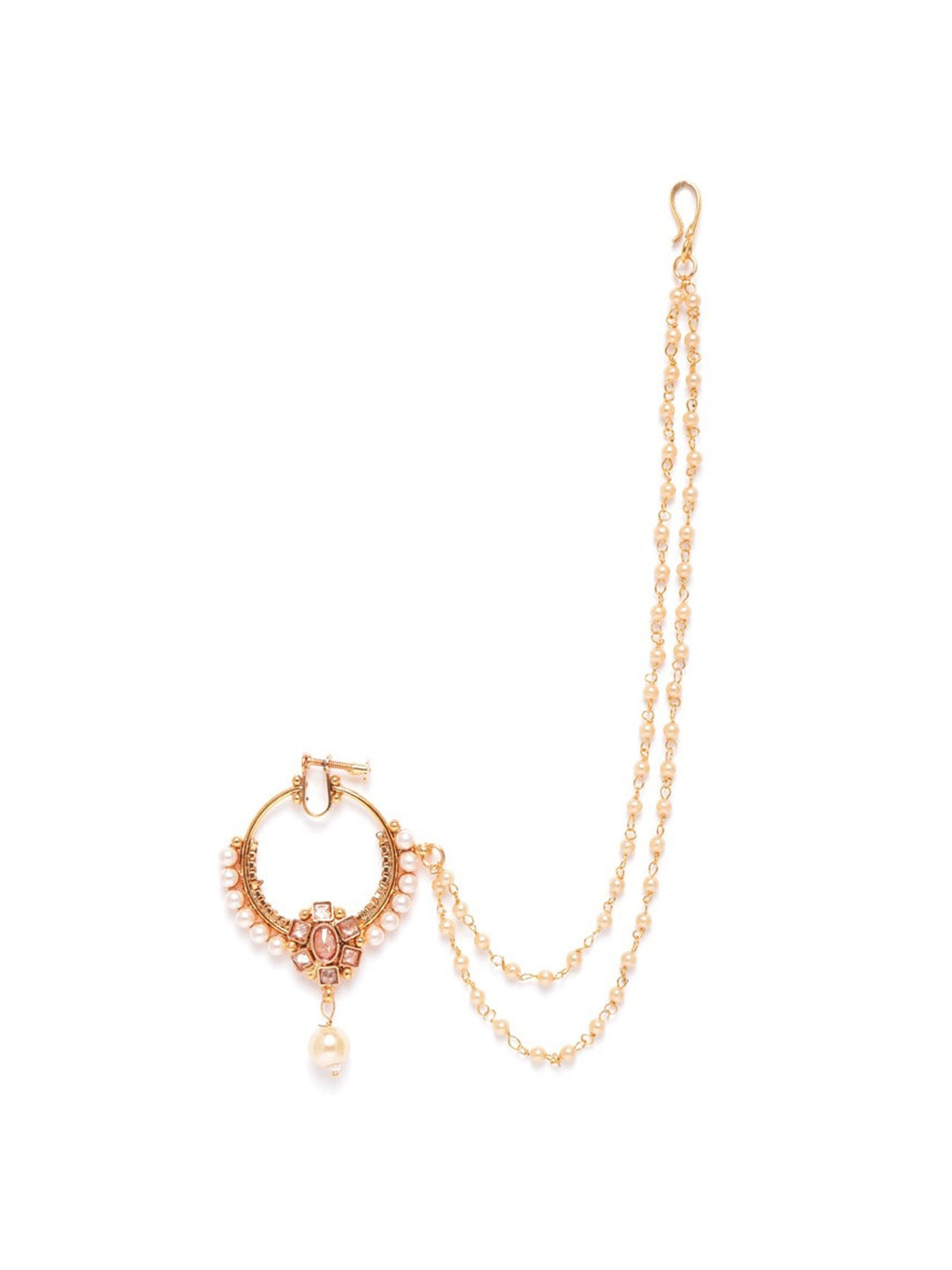 JEWELS GEHNA Gold-Plated CZ Stone-Studded Pearl Beaded Nose-ring with chain