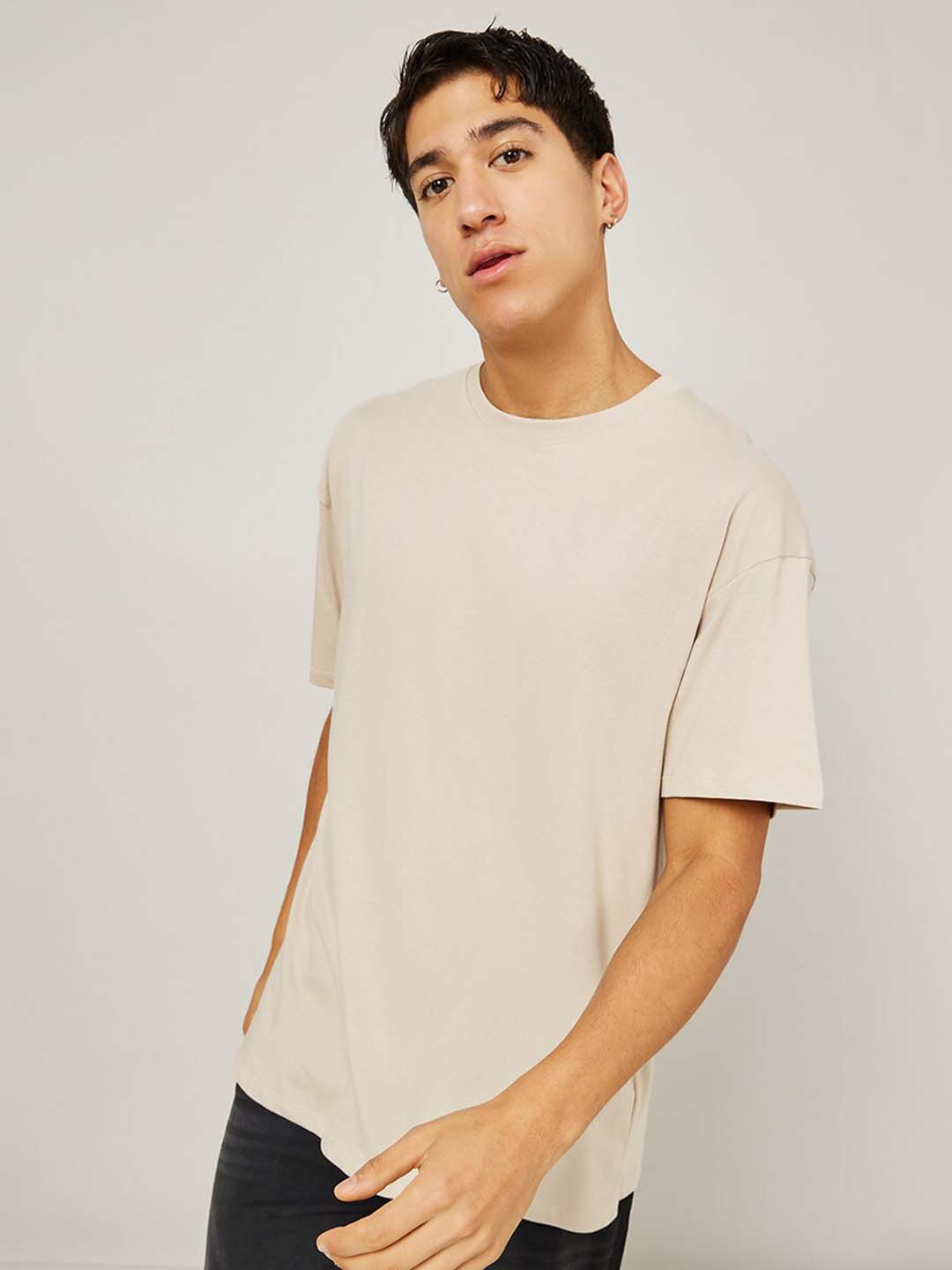 Styli Beige Basic Crew Neck Cotton Oversized T-Shirt