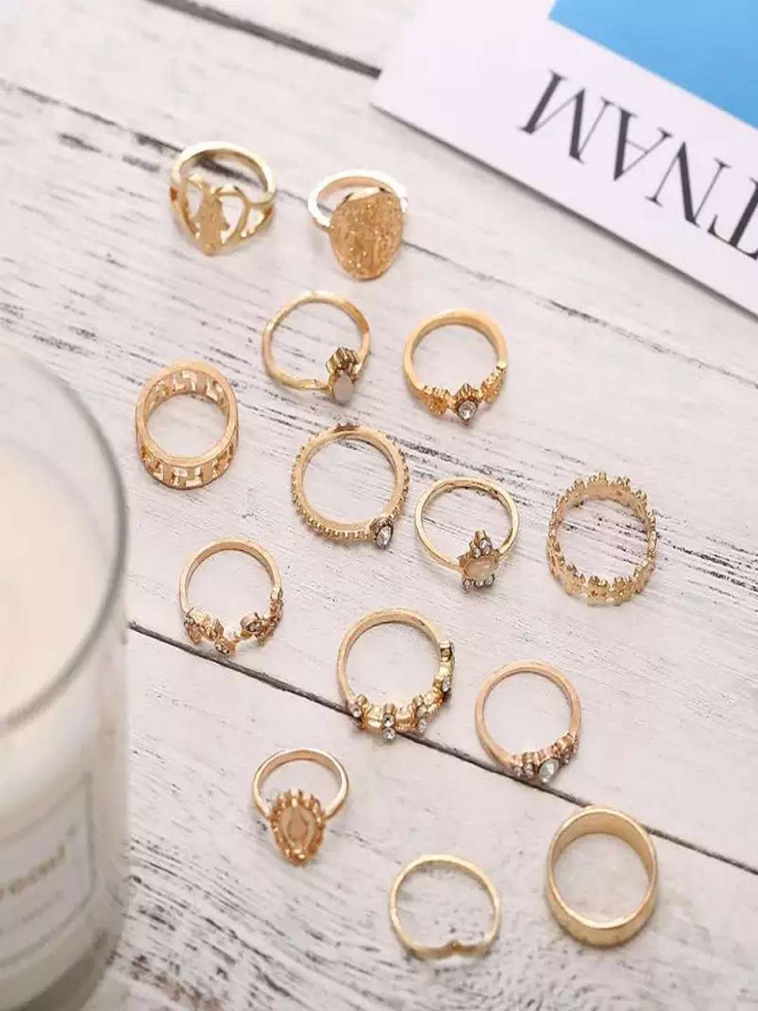 Pinapes Set Of 15 Gold-Plated & Crystals Studded Finger Rings