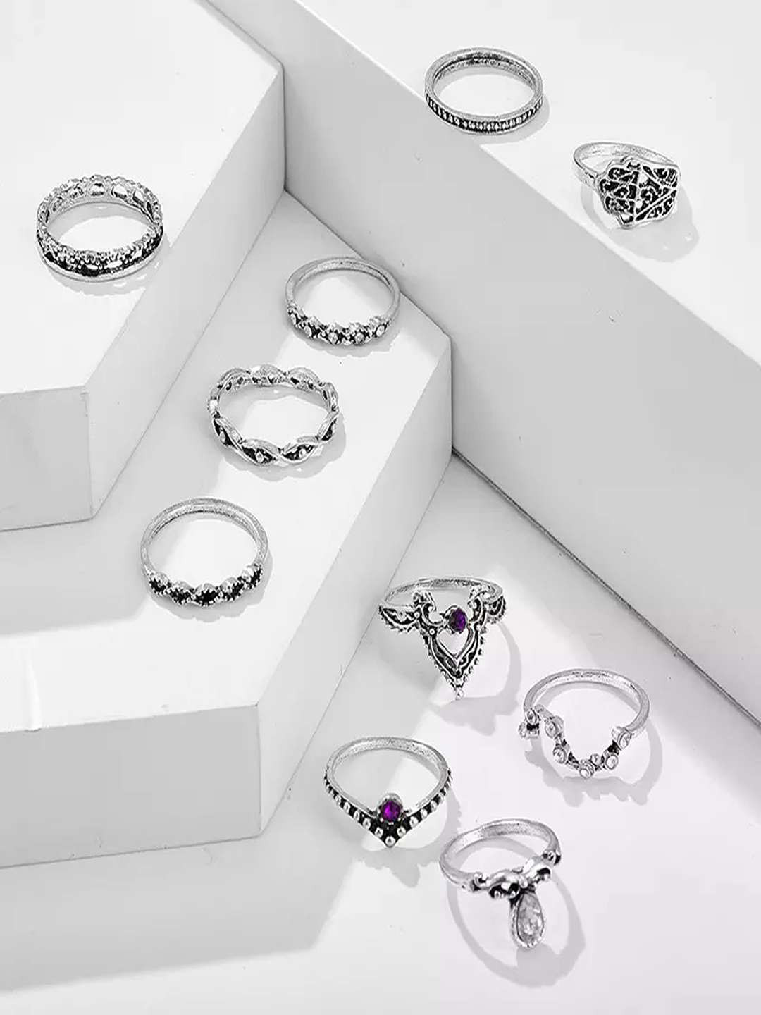 Pinapes Set Of 10 Silver-Plated Oxidised Stackable Finger Rings
