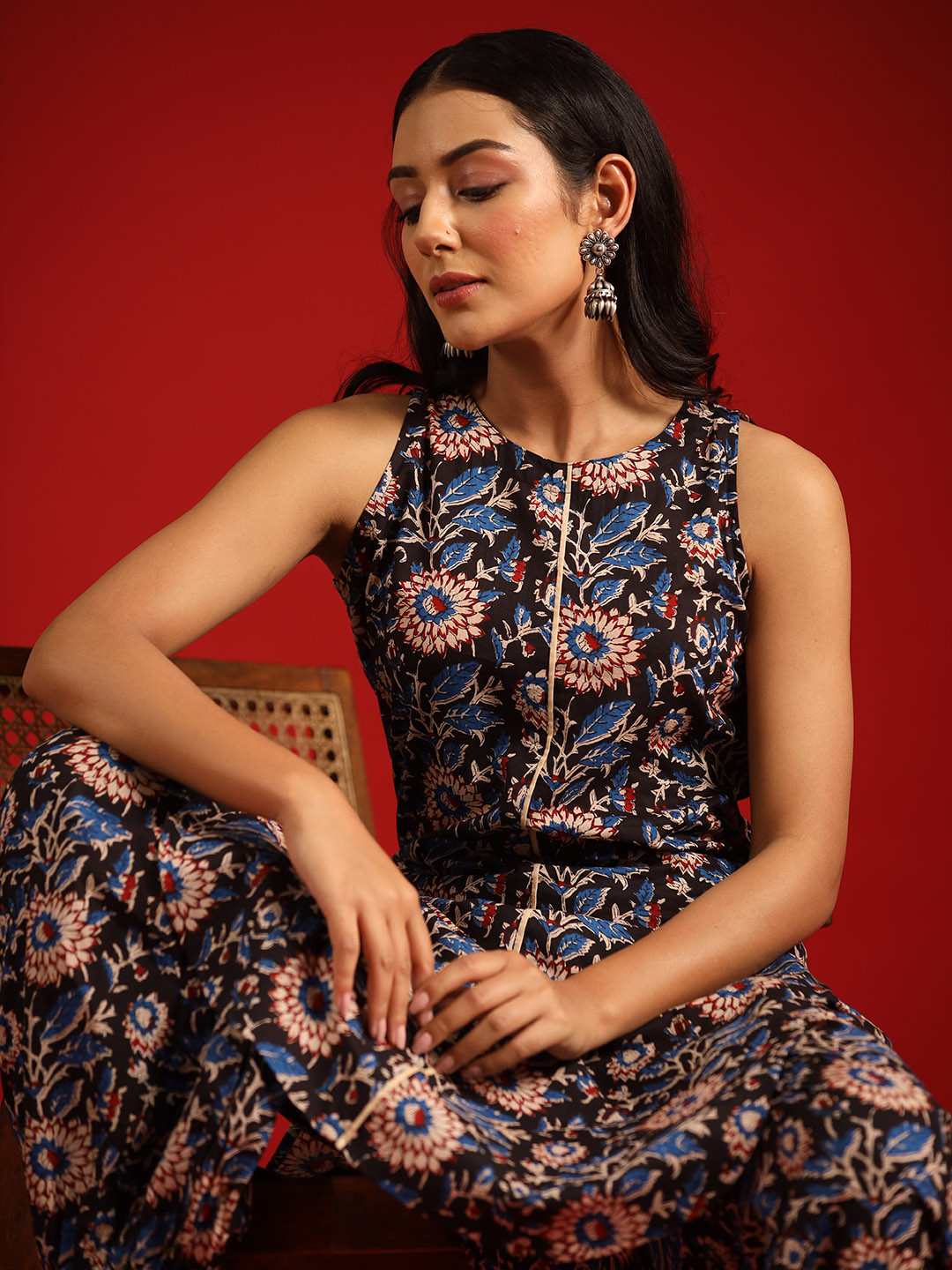 anayna Women Black Floral Printed Pure Cotton Kurta with Dhoti Pants
