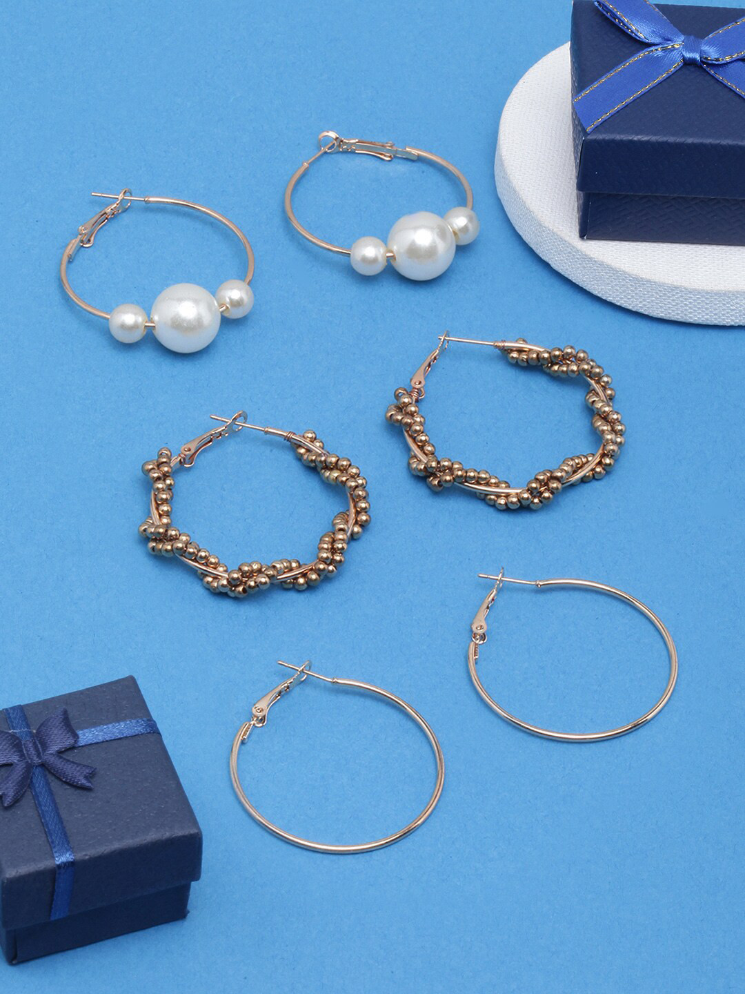 DIVA WALK Set Of 3 Rose Gold-Plated Contemporary Hoop Earrings