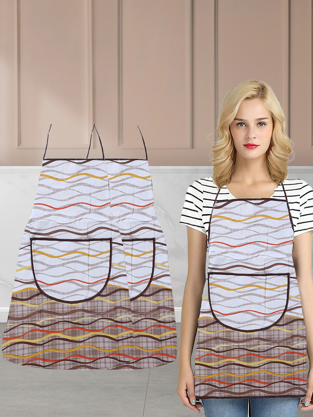 Kuber Industries Beige Pack Of 3 Printed Waterproof Aprons