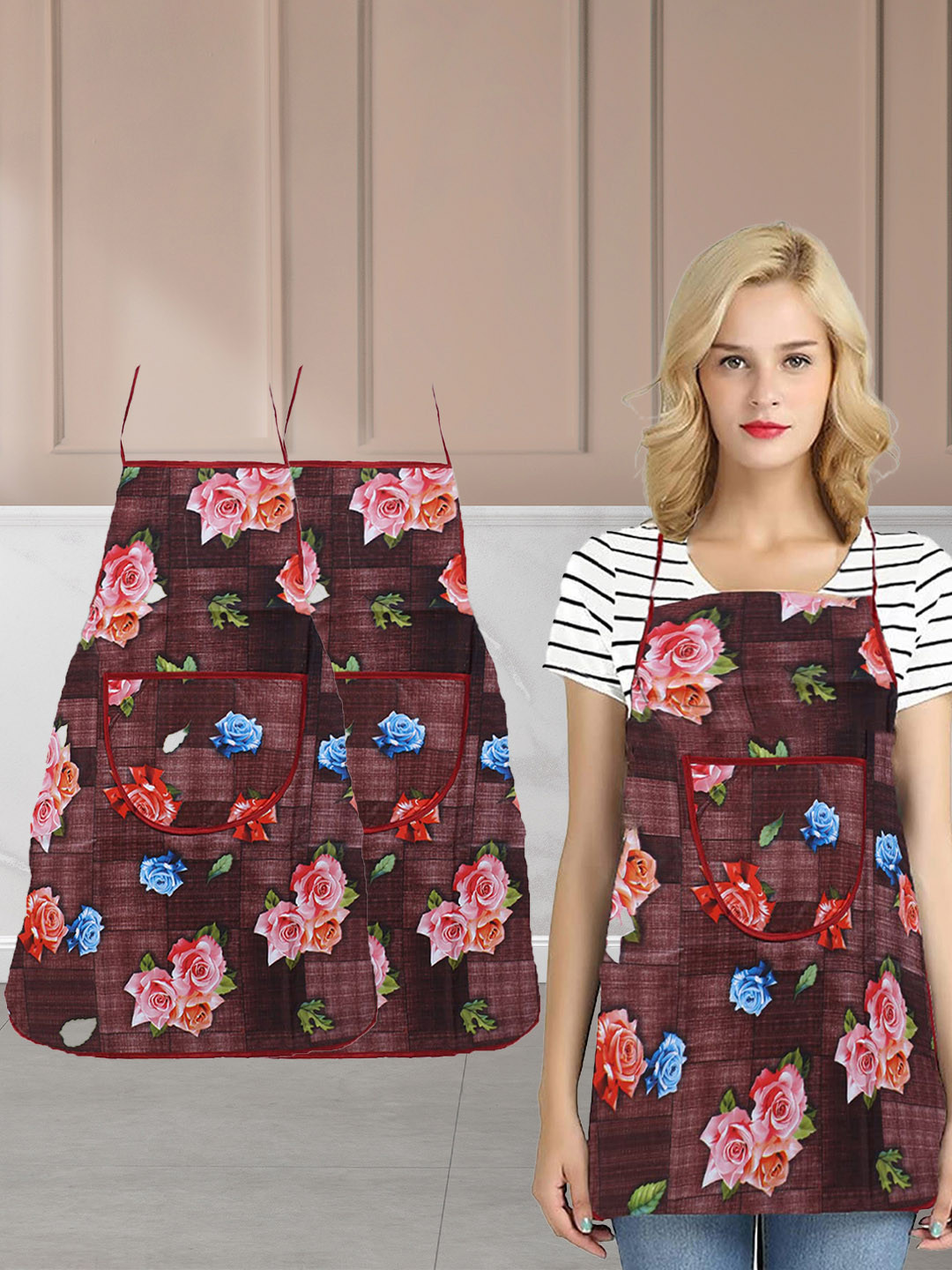 Kuber Industries Maroon & Pink Pack Of 3 Printed Waterproof Aprons