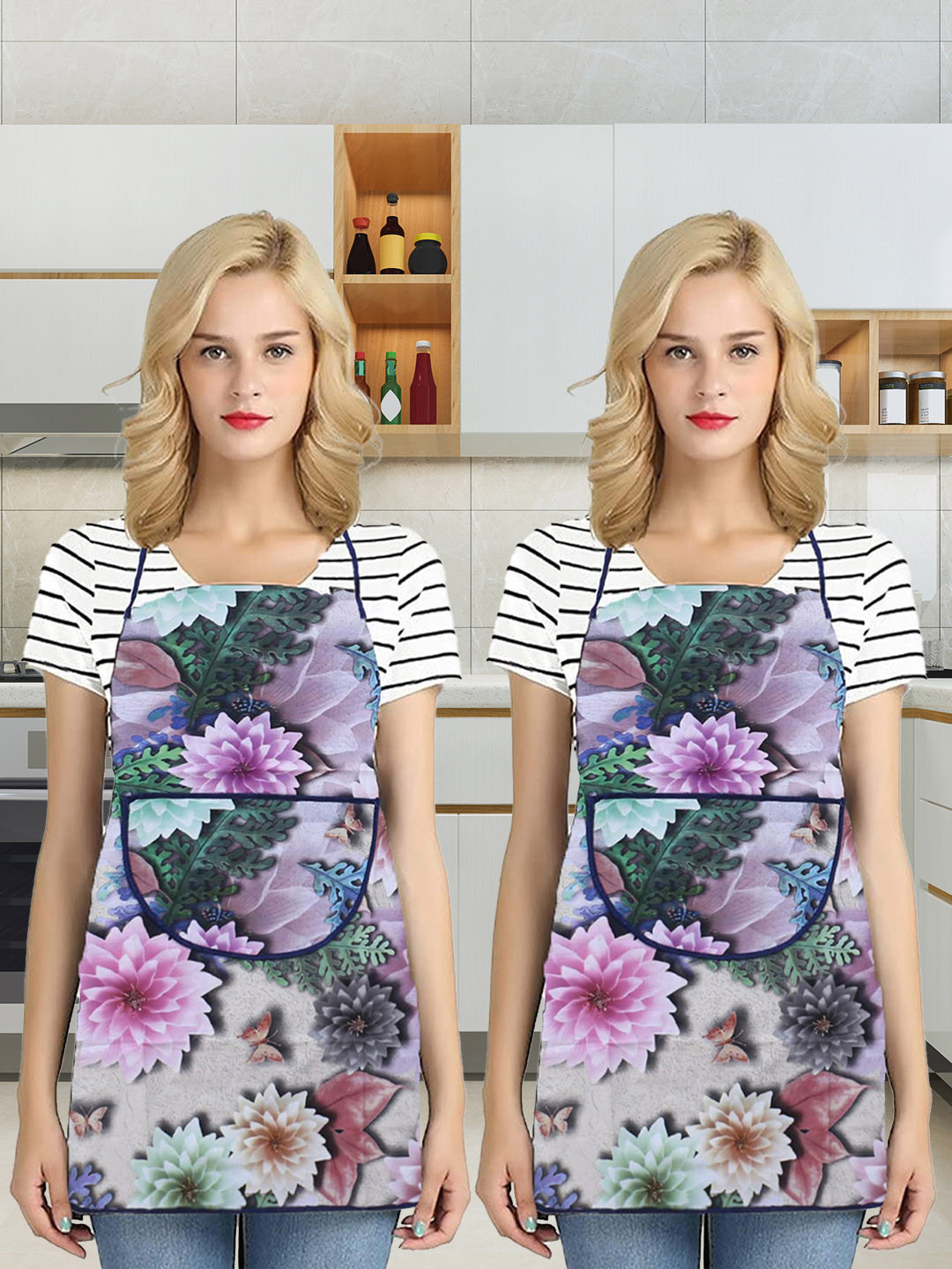 Kuber Industries Purple & Green Pack Of 2 Printed Waterproof Aprons