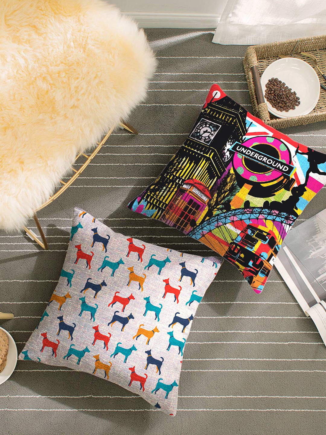 HOUZZCODE Off White & Black Set of 2 Conversational Square Cushion Covers