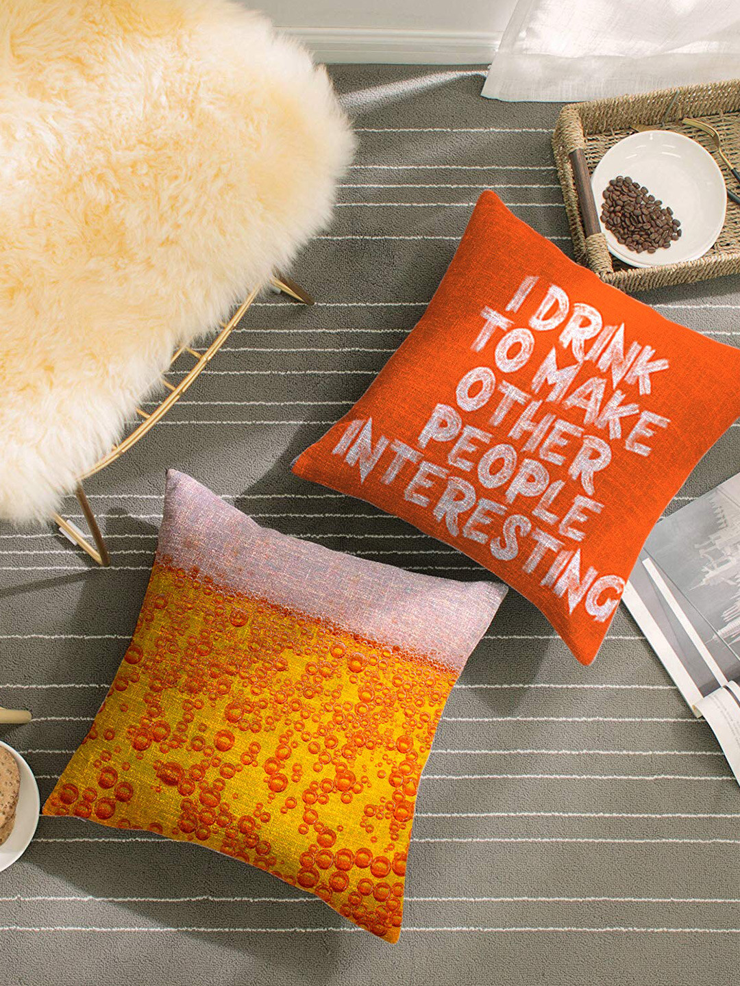 HOUZZCODE Orange & Yellow Set of 2 Typography Square Cushion Covers