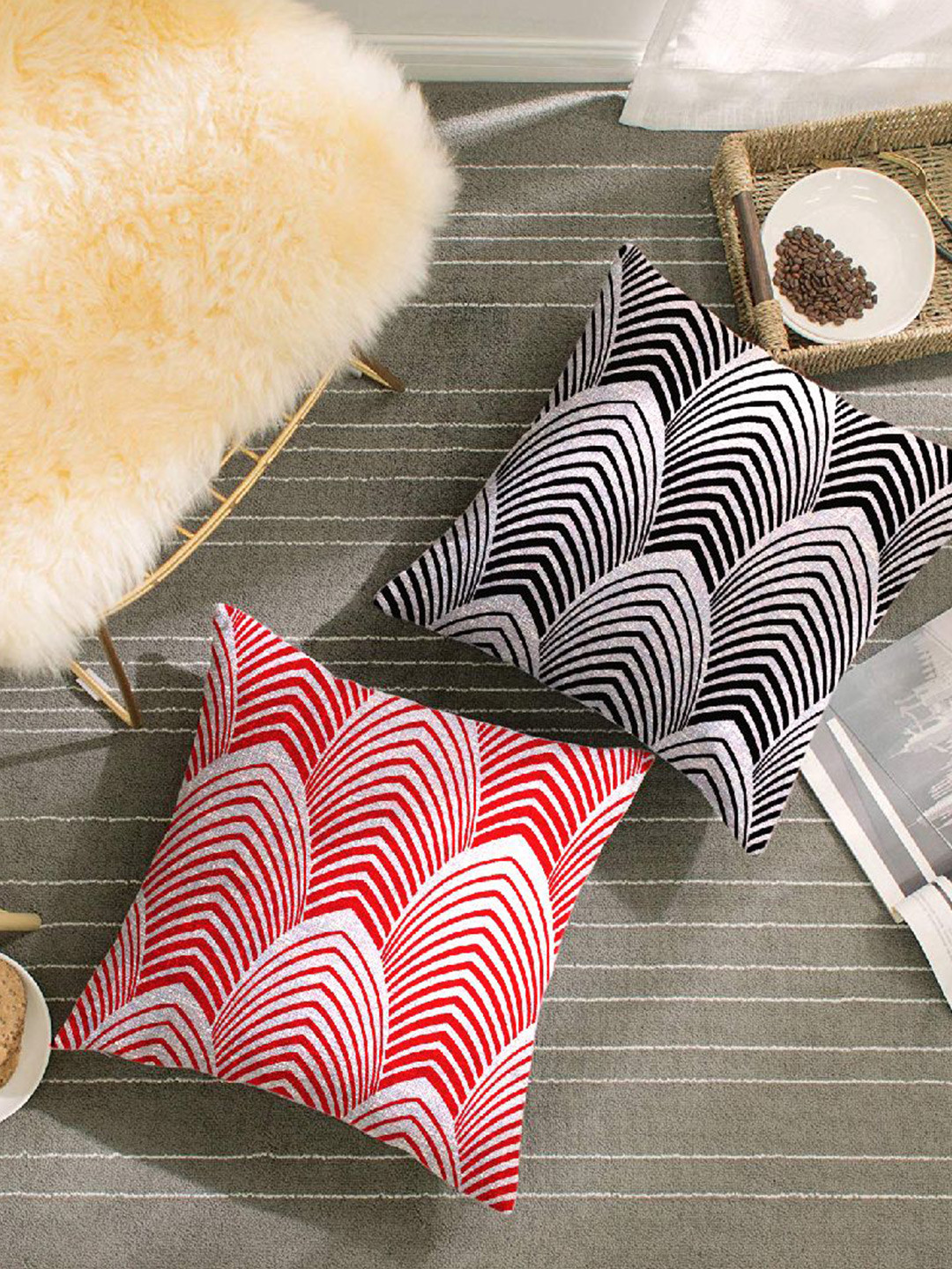 HOUZZCODE Black Geometric Polyester Silk Double-Sided 2 Pcs Square Cushion Covers -16x16In