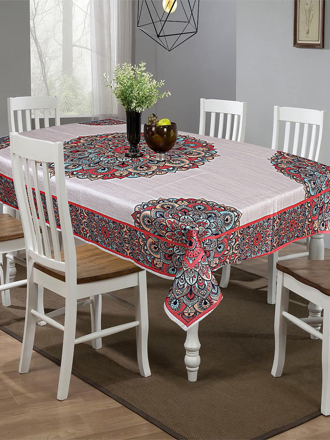 Kuber Industries Rangoli Patterned Stain-Resistant & Dust-Proof 6-Seater Table Cover