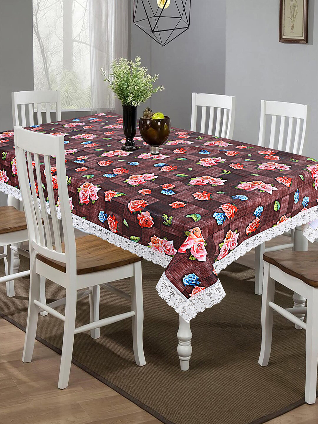 Kuber Industries Maroon & Pink Floral Printed Spill-Proof 6-Seater Table Cover